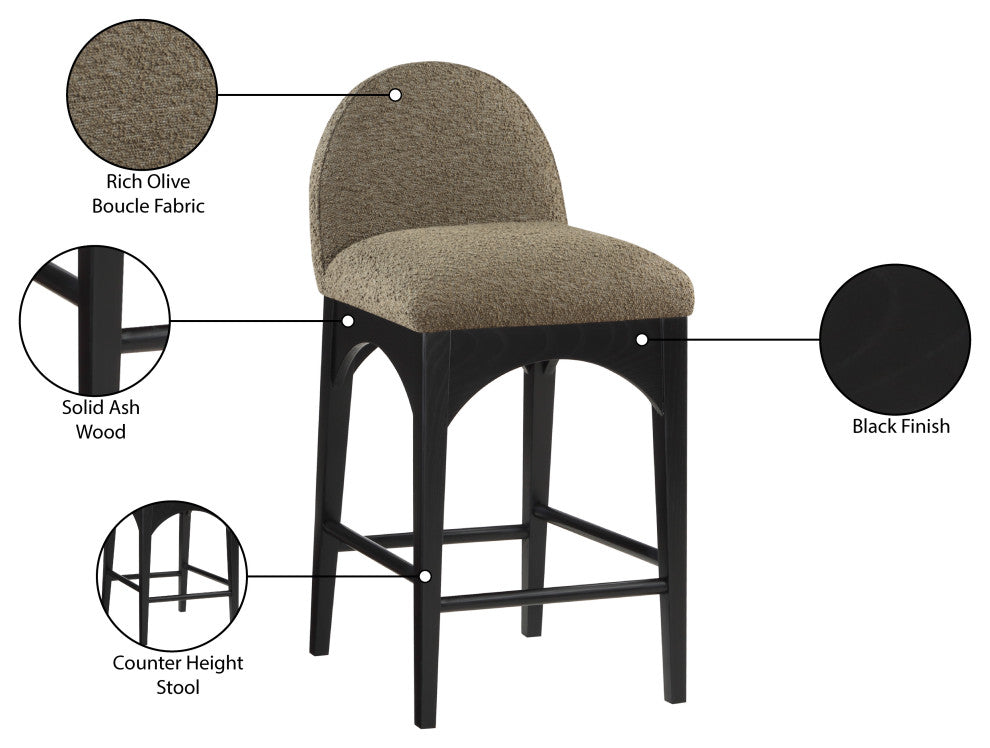 Waldorf Chenille Upholstered Stool, Black, Chenille, Natural Finish, Olive, Boucle Fabric, Black Finish