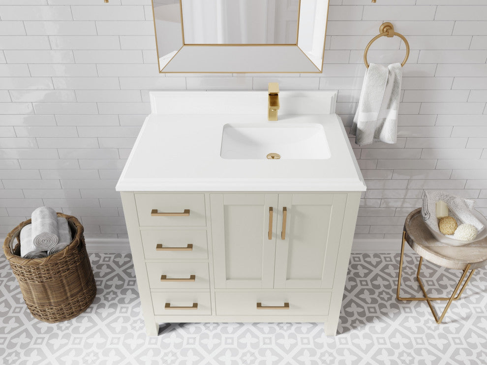 Malibu 36" Right Offset Bath Vanity in Fine Grain 1.5" White Quartz