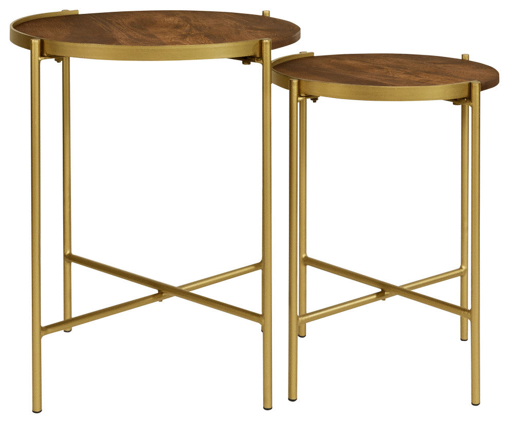 Malka 2-piece Round Wood Nesting Table Dark Brown and Gold