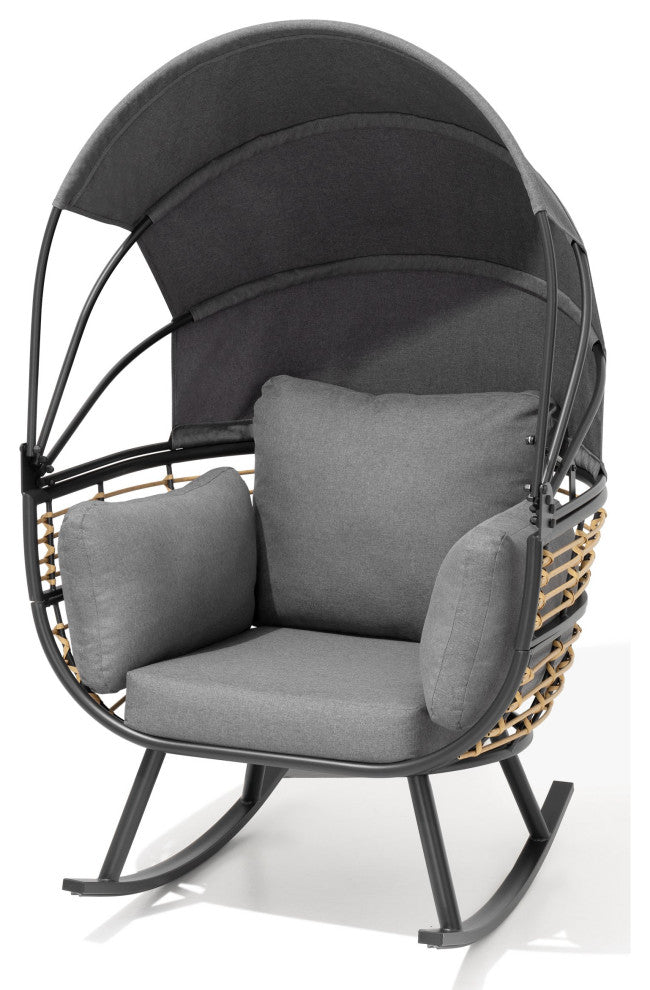 Egg Chair Outdoor Aluminum Rocking Lounge With Folding Canopy in Gray Finish, Gray