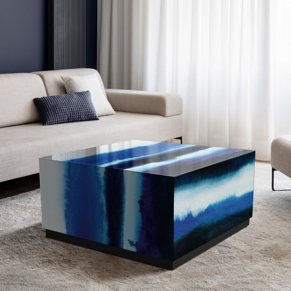 "Blue Run Off I" Reverse Printed Art Glass Cocktail Table with Black Plinth Base