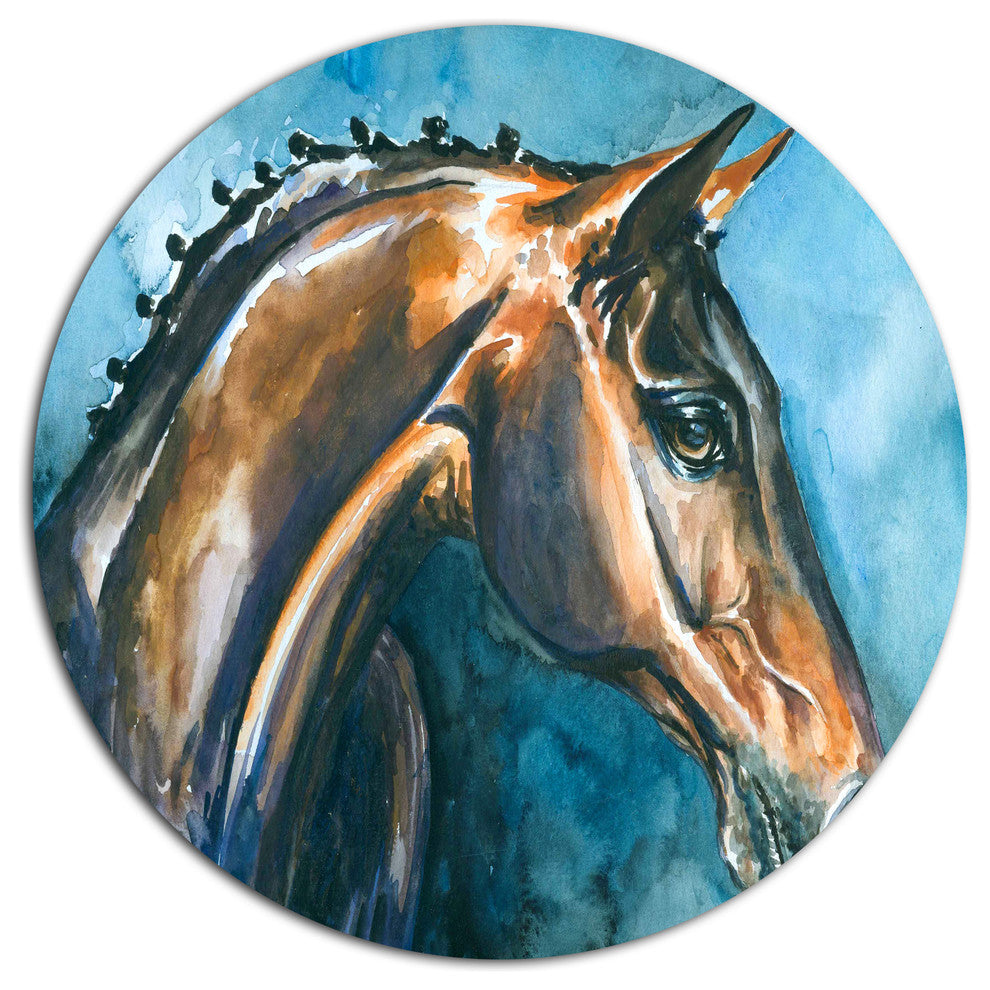 Brown Horse On Blue Watercolor, Animal Round Wall Art, 11"