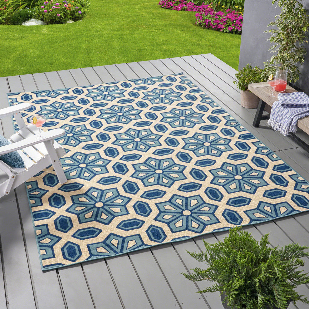 GDF Studio Jacobs Outdoor Geometric  Area Rug, Ivory and Blue, 8'x11'