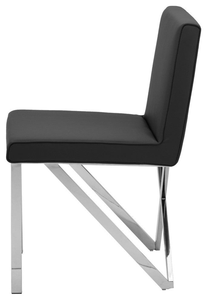 Talbot Dining Chair in Black Naugahyde and Polished Stainless Steel Base