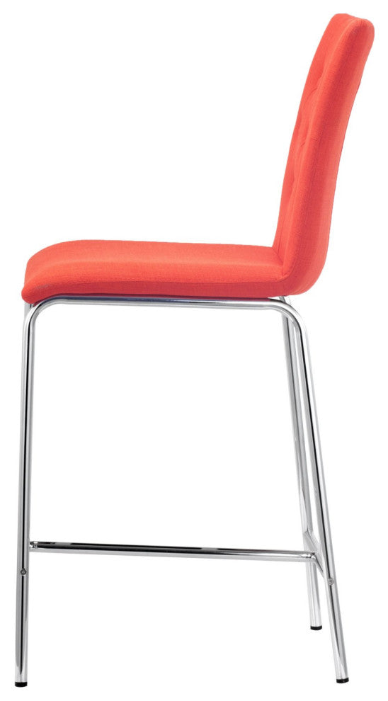 Counter Stool Chair, Set of 2, Steel Metal, Fabric, Orange, Chrome, Cafe Bistro