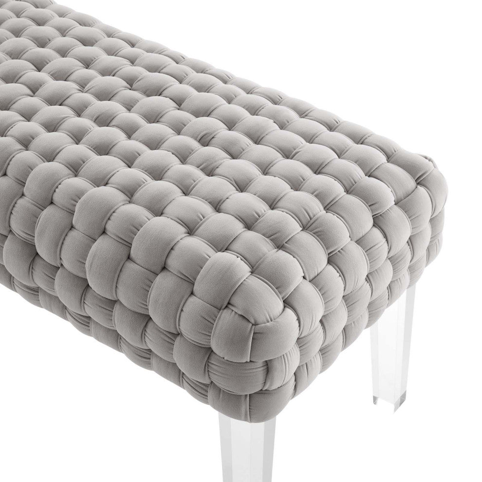 Ottoman Bench, Gray, Velvet, Modern, Mid Century Hotel Lounge Cafe
