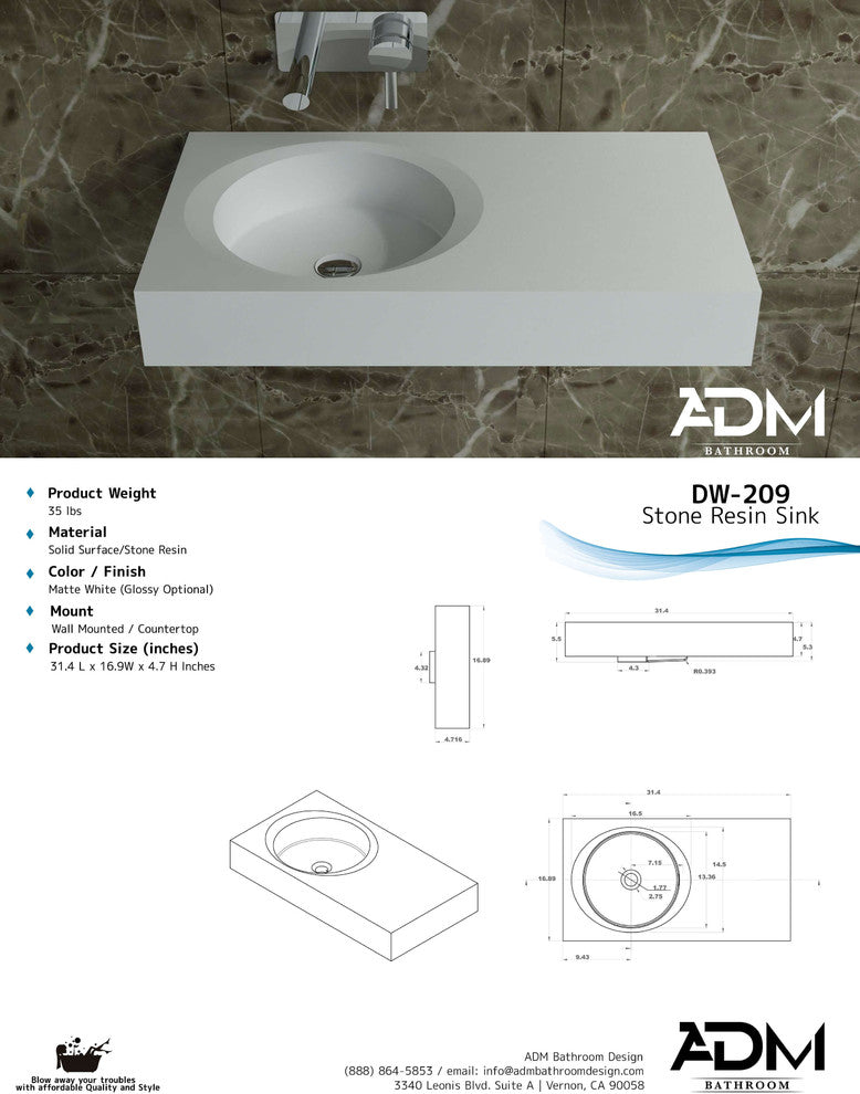 ADM Rectangular Countertop Sink, White, 32", Matte White