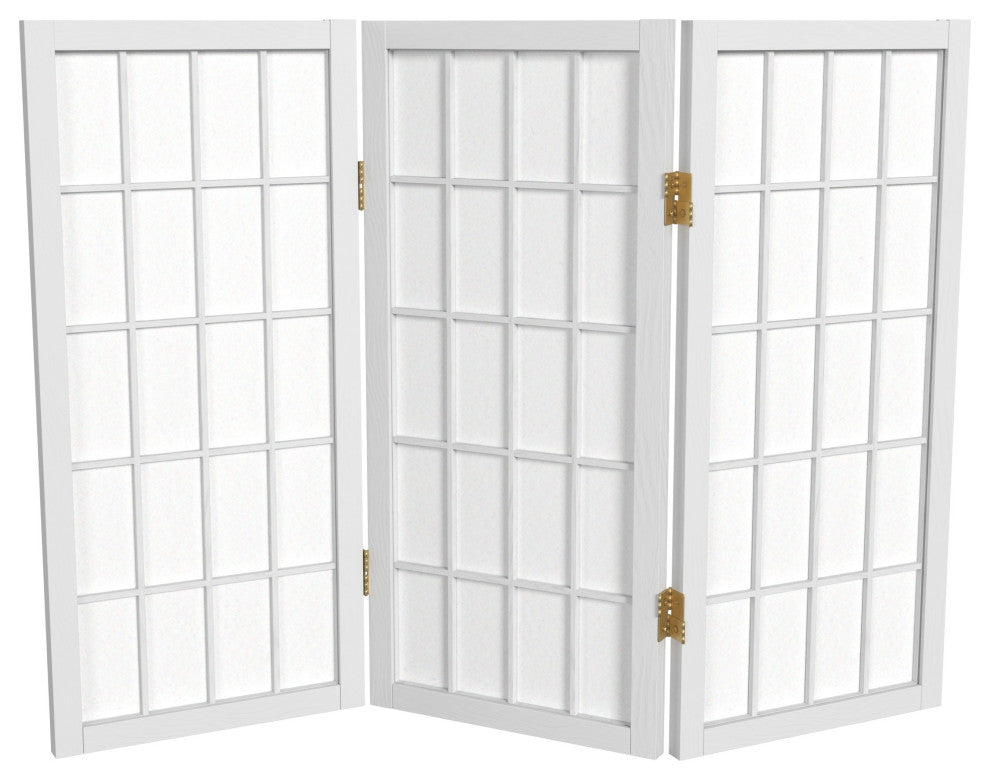 2' Tall Desktop Window Pane Shoji Screen, White, 3 Panels