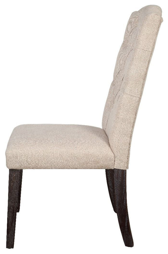 Set of 2 Linen Upholstered Side Chair, Beige/Weathered Espresso Finish