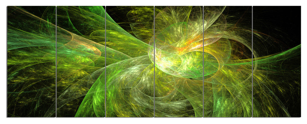 Green on Black Fractal Illustration, Abstract Canvas Print, 70"x28", 6 Panels