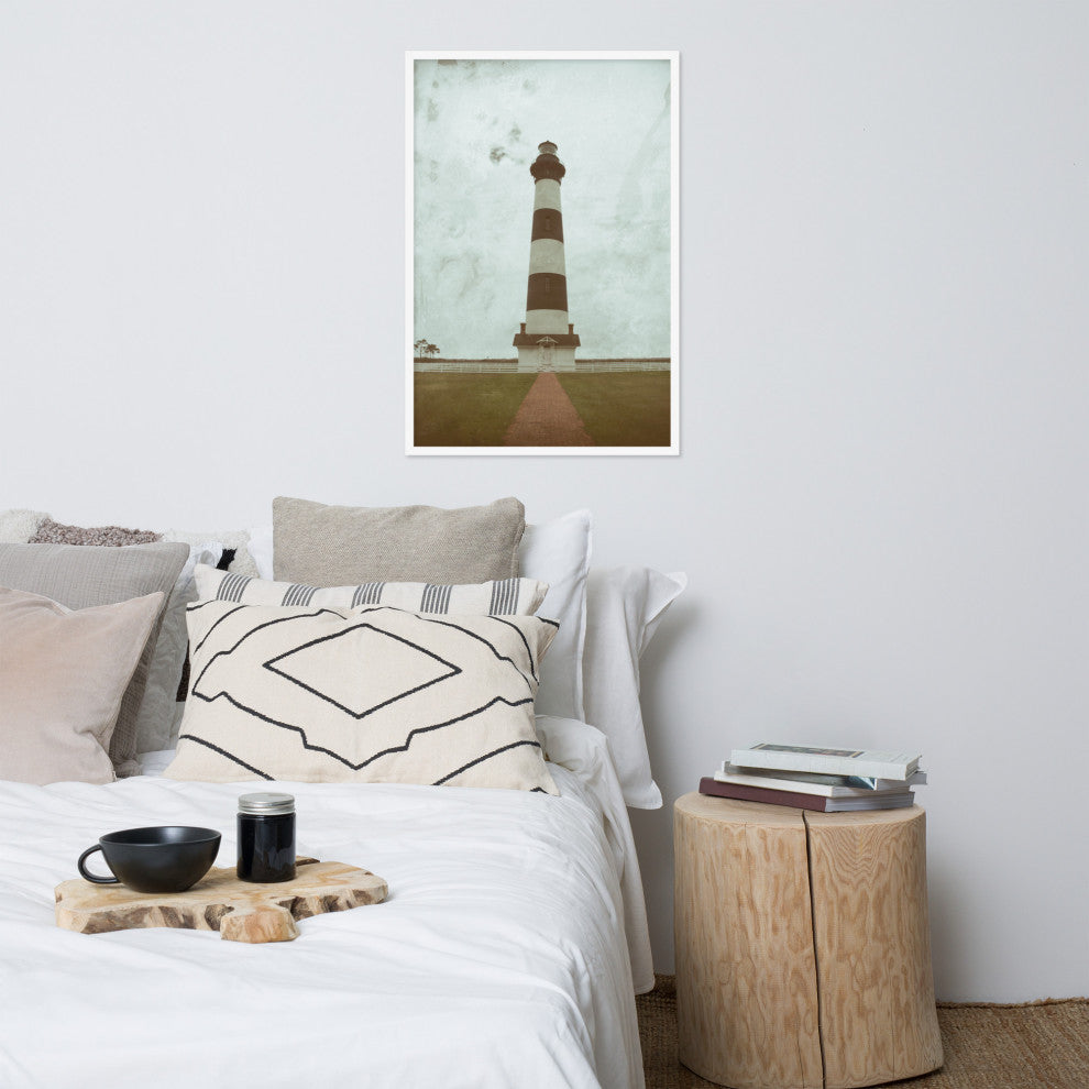 Aged Bodie Lighthouse Landscape Framed Photo Paper Wall Art Prints, White, 24" X 36"
