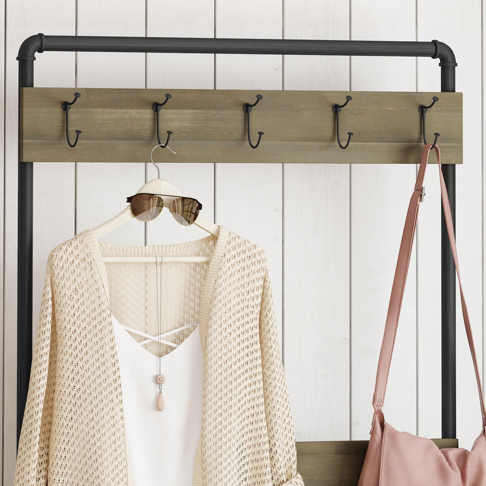 GDF Studio Kay Indoor Industrial Acacia Wood Bench With Shelf and Coat Hooks