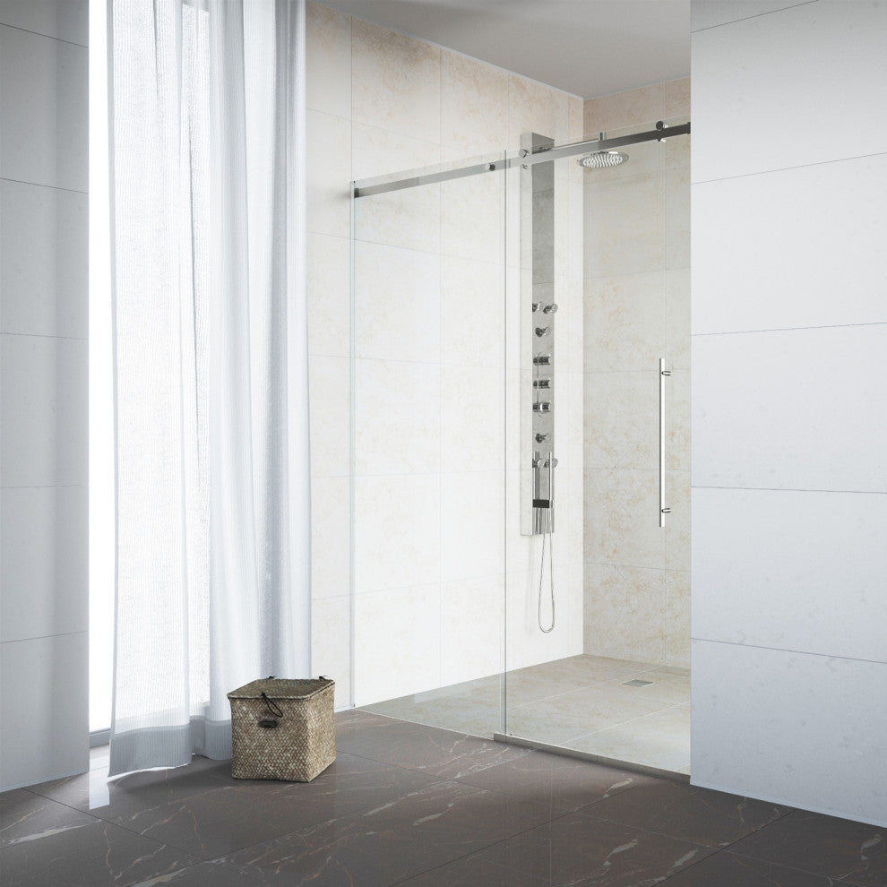 VIGO Luca 56" to 60" W x 79" H Frameless Sliding Shower Door, Stainless Steel, Clear Glass