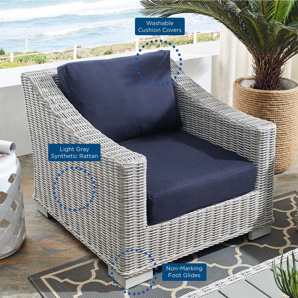 Lounge Chair and Ottoman, Sunbrella, Rattan, Gray Blue Navy, Outdoor