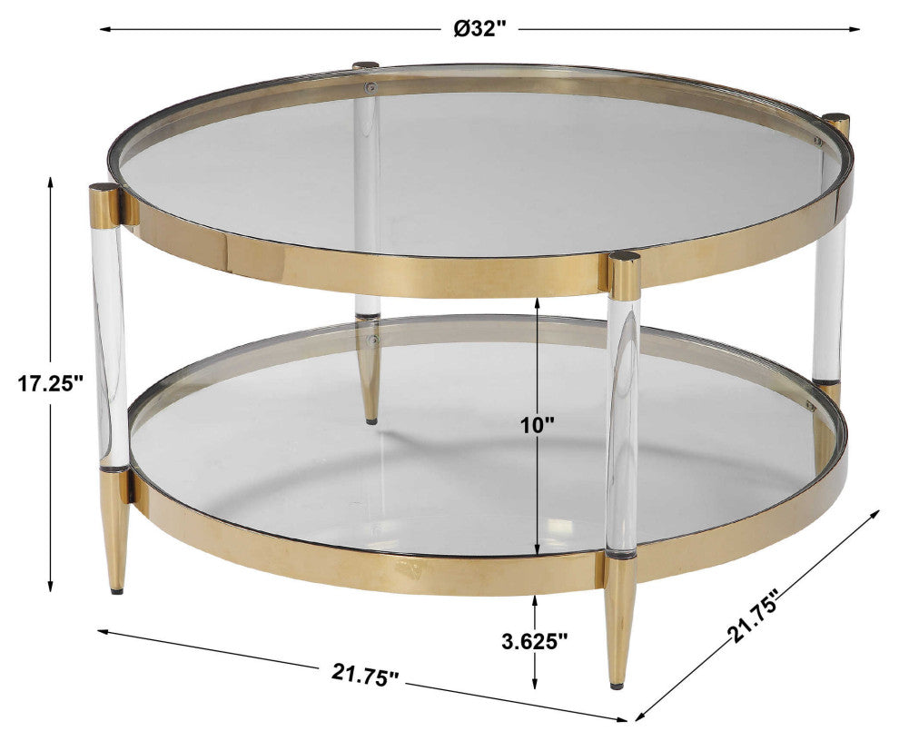 Glam Modern Clear Rods Coffee Table Round Acrylic Gold Glass Mid Century Ring