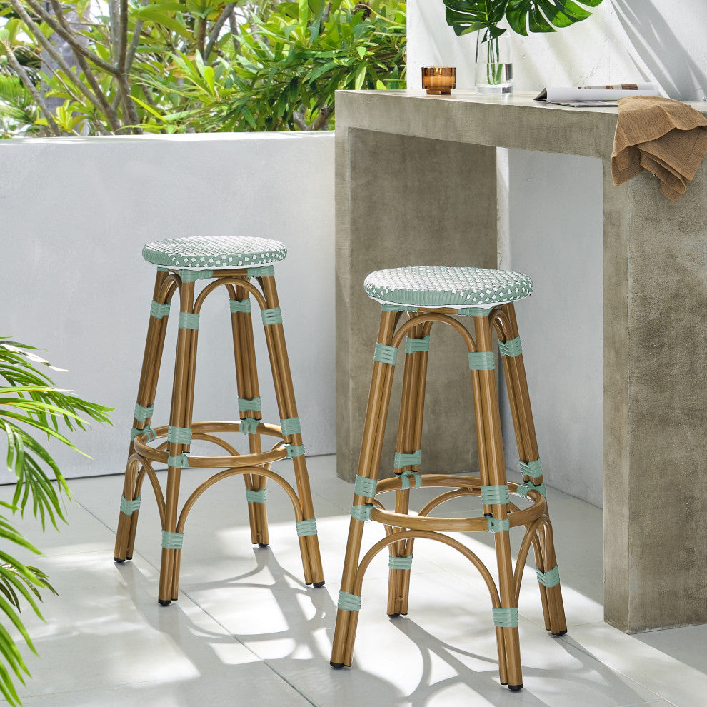 Dohney Outdoor French Aluminum 29.5" Barstools, Set of 2, Light Teal/White/Bamboo Finish
