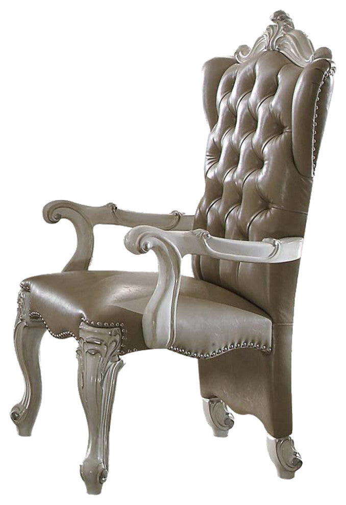 Benzara BM204356 Faux Leather Wooden Arm Chairs, Set of Two, White and Gray