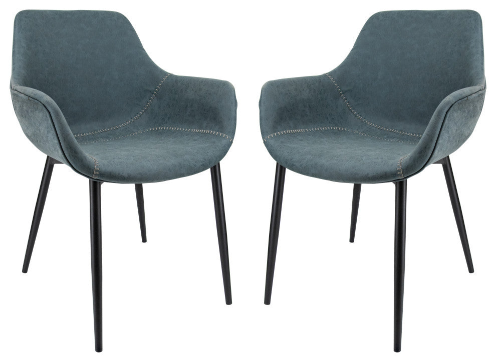 LeisureMod Markley Leather Dining Armchair Metal Legs Set of 2, Peacock Blue