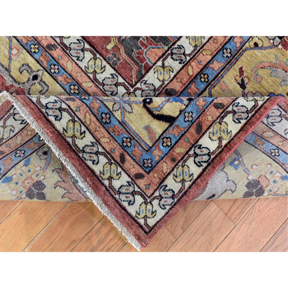 Red Antique Heriz Re-Creation Hand Knotted Pure Wool Oversized Rug, 2'0"x14'10"