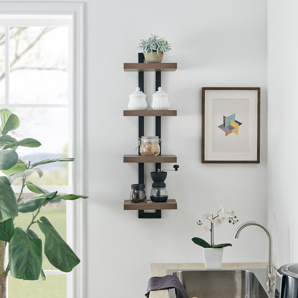Danya B. 4-Tier Ladder Bracket Floating Wall Shelves Metal and MDF, Walnut