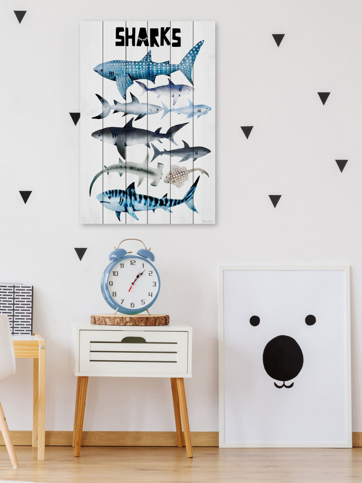 "Sharks" Painting Print on White Wood, 12x18