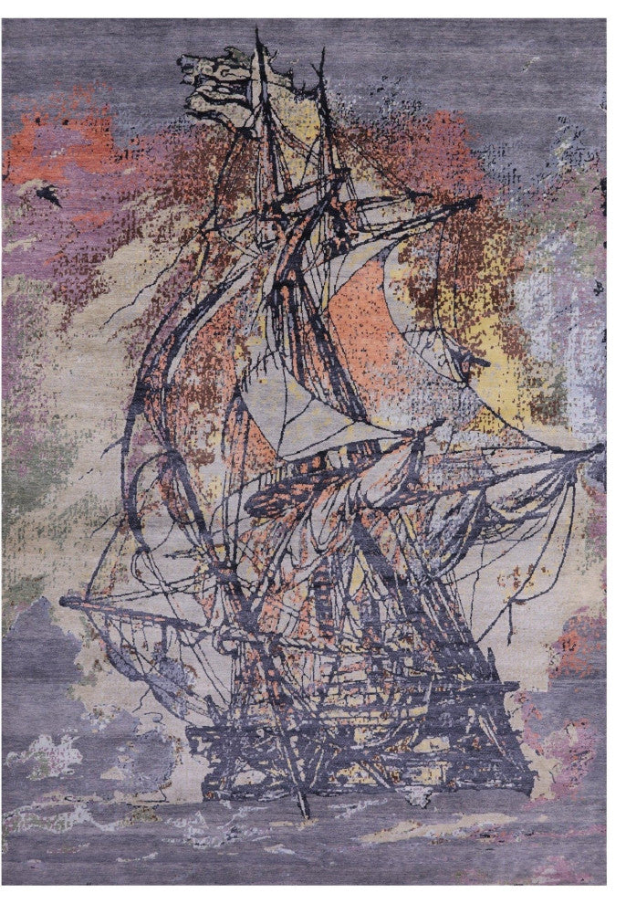 Wool and Silk Sailing Ship Hand Knotted Rug 9' 10" X 14' 2" Q11604