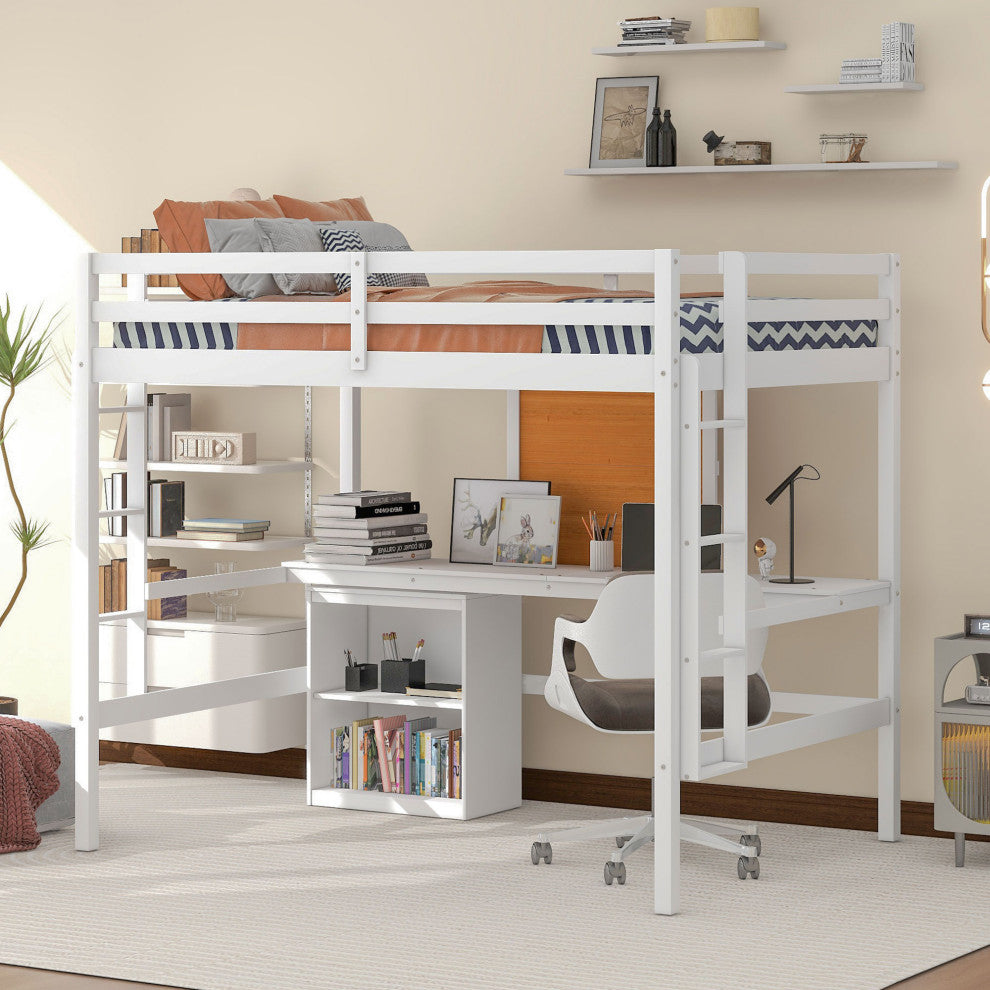 Gewnee Full size Wood Loft Bed with Desk and Writing Board in White