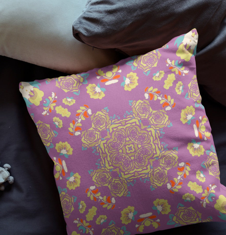 16" Purple Yellow Wreath Indoor Outdoor Zippered Throw Pillow