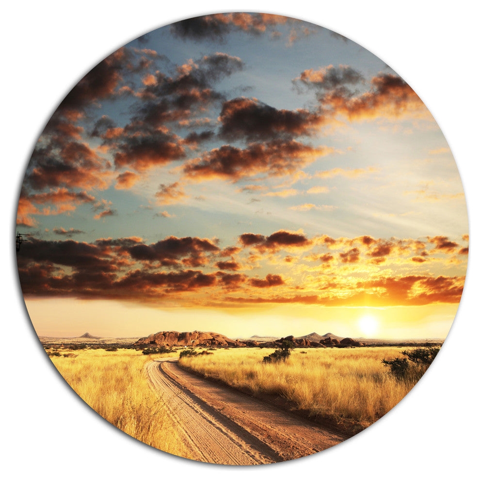 Cloudy African Prairie With Pathway, Landscape Round Metal Artwork, 11"