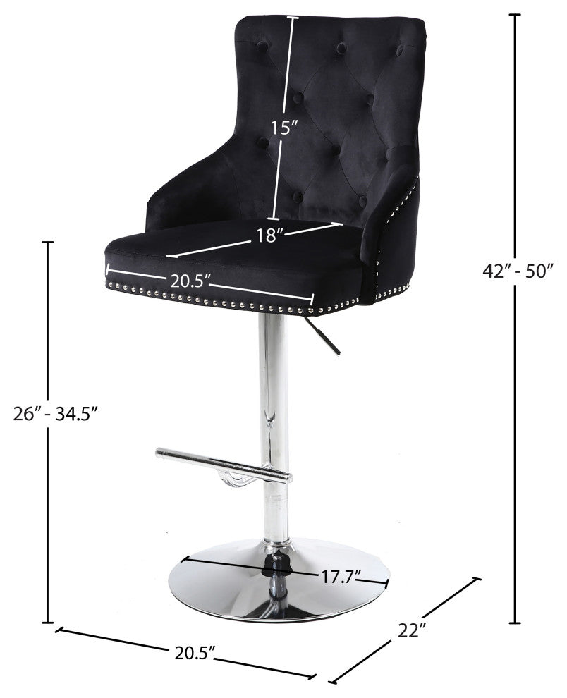Claude Velvet Upholstered Adjustable Stool, Black, Chrome Base