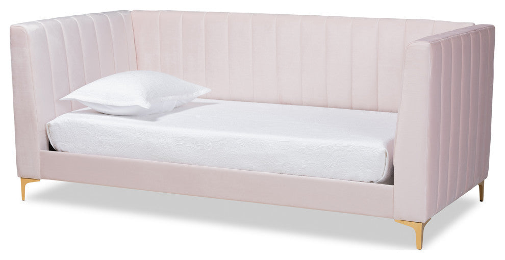 Taryn Modern Luxe Light Pink Velvet Fabric and Gold Twin Daybed