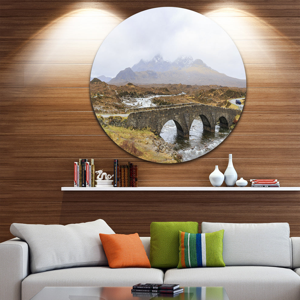 Sligachan Old Bridge Panorama, Landscape Round Metal Wall Art, 36"
