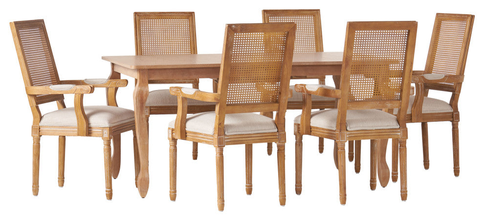 Regan Fabric Upholstered Wood and Cane Expandable 7-Piece Dining Set, Natural Brown/Beige
