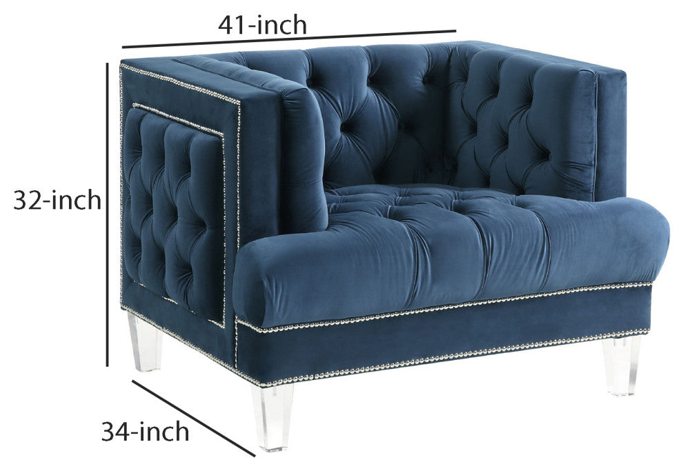 Benzara BM250213 Velvet Upholstered Chair, Tufted Details and Acrylic Legs, Blue
