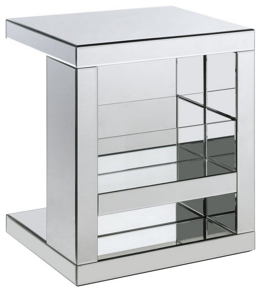 Benzara BM250272 Accent Table With Mirrored Panels and C Shape, Silver
