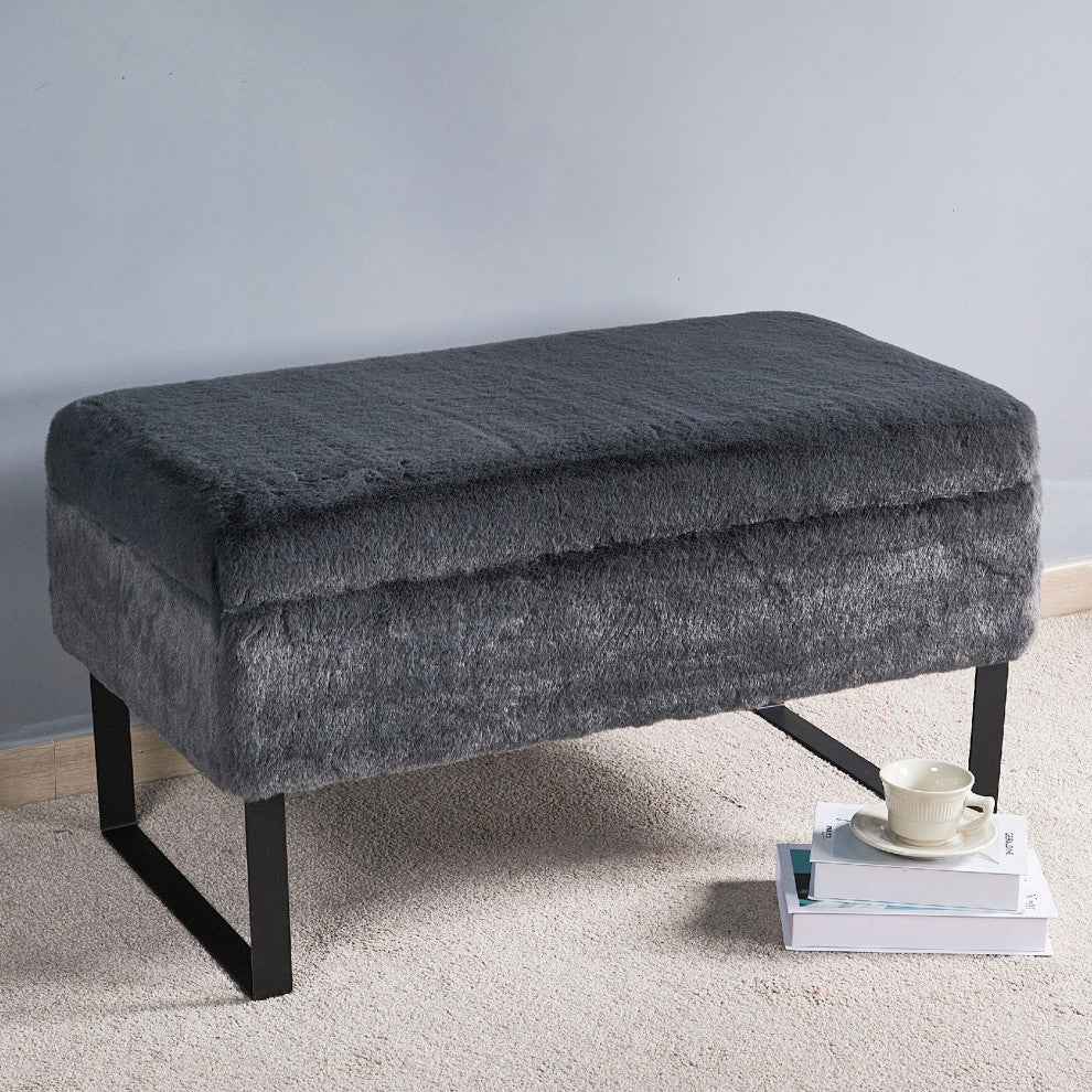 Heavy Faux Fur Storage Charcoal Ottoman 18" x 36" x 10"