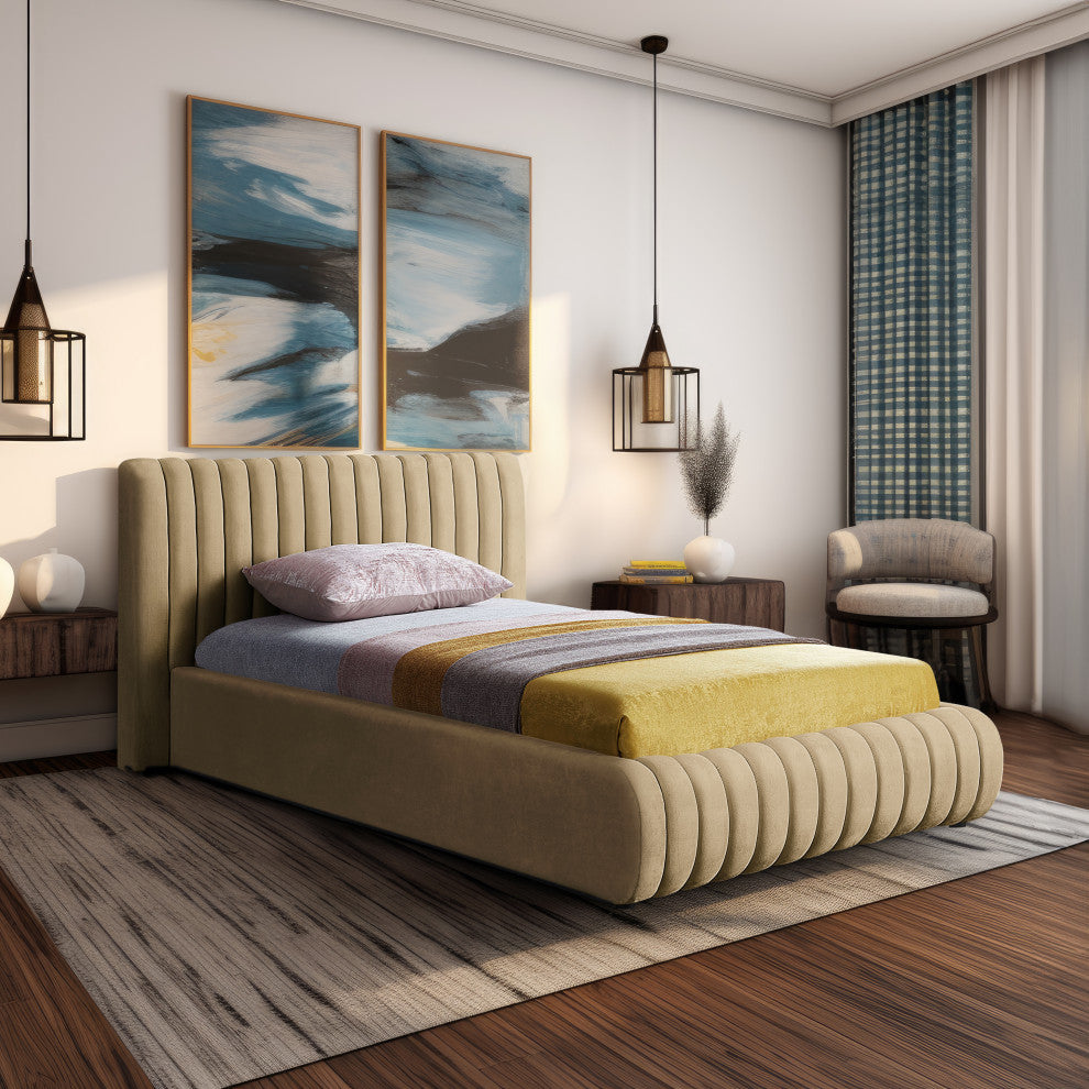 Nico Black Velvet Upholstered Bed, Camel, Twin
