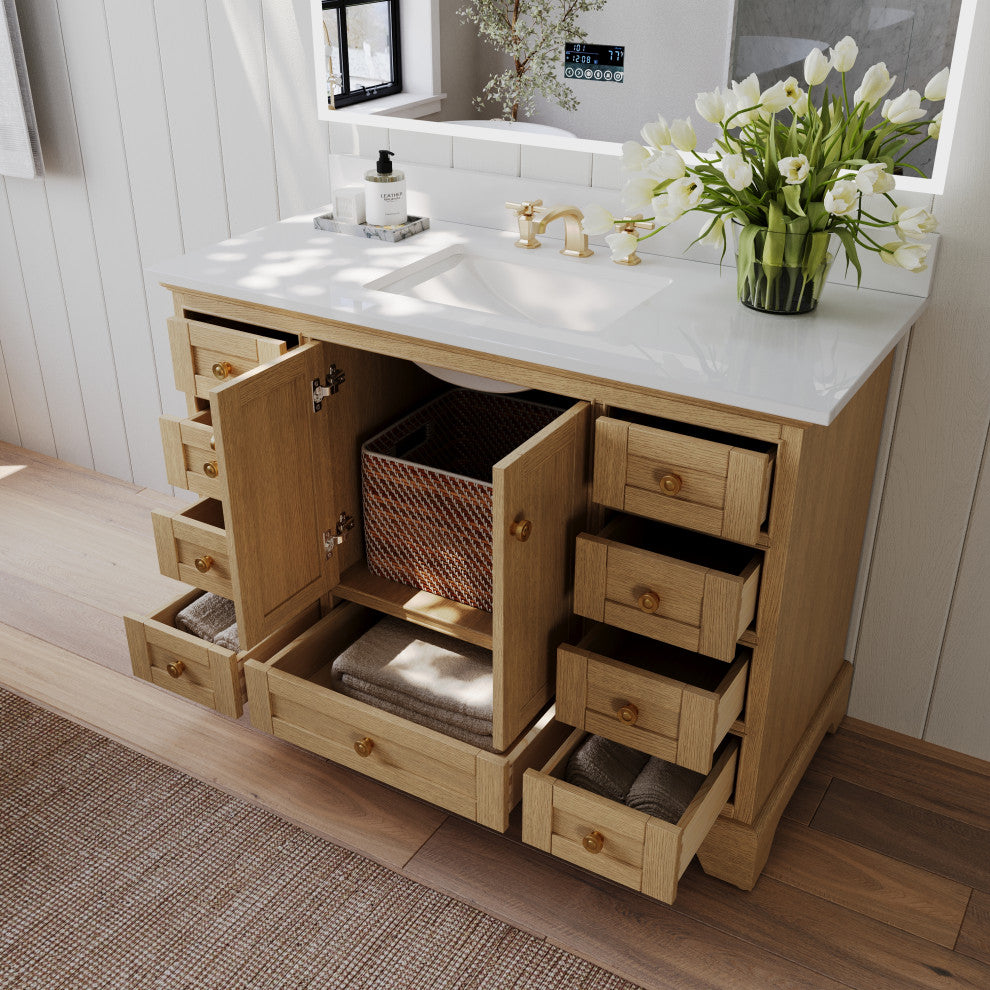 Audrey Vanity Set, Oak, 48", Gold Hardware, White Quartz Top