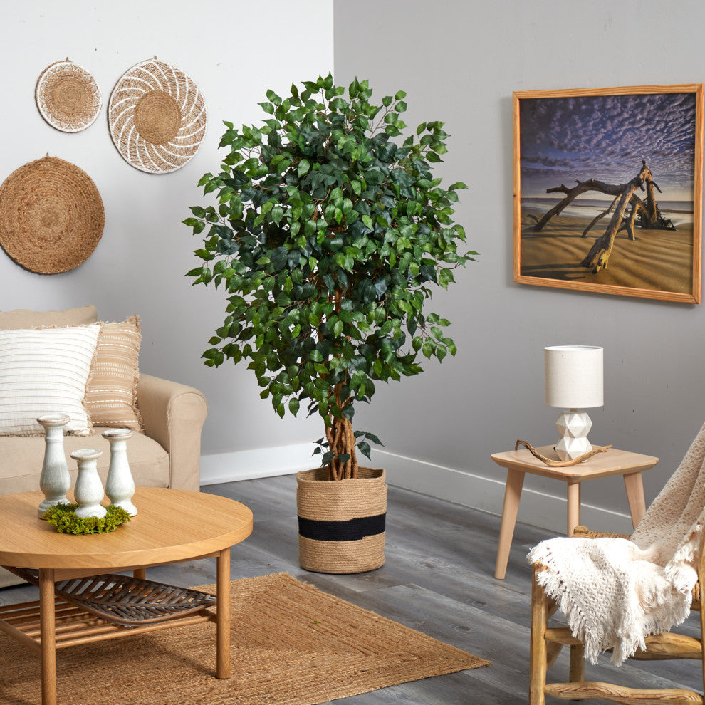 Lifestyle image showing the ficus artificial tree in a real room setting; product is visible and integrated into decor.