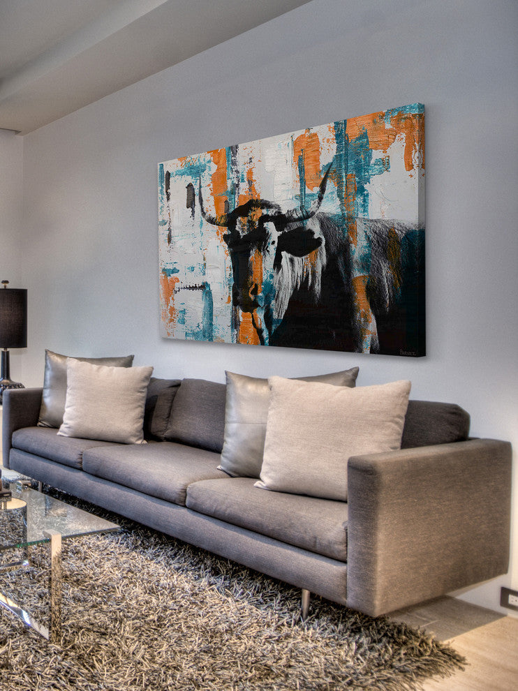"Orange Teal Steer" Painting Print on Wrapped Canvas, 36"x24"