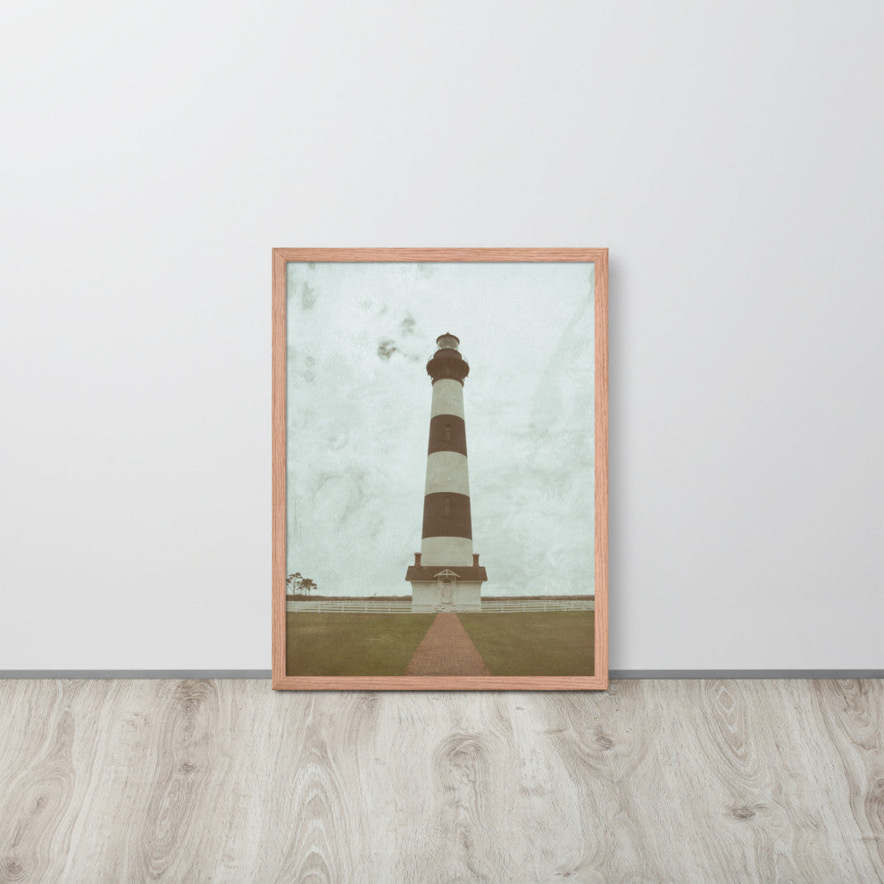Aged Bodie Lighthouse Landscape Framed Photo Paper Wall Art Prints, Red Oak, 18" X 24"
