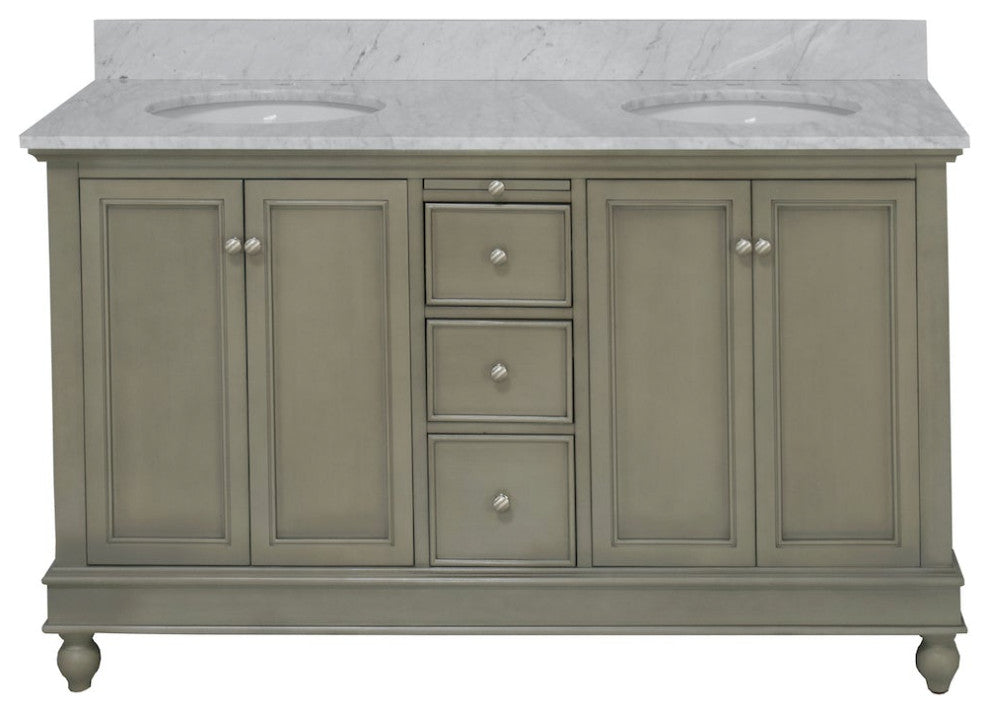 Bella 60" Bathroom Vanity, Weathered Gray, Carrara Marble, Double Vanity