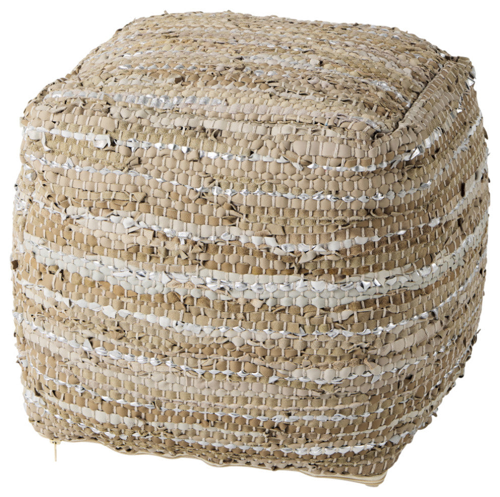 Aadhya 16Lx16Wx16H Taupe/Silver Leather and Cotton Pouf