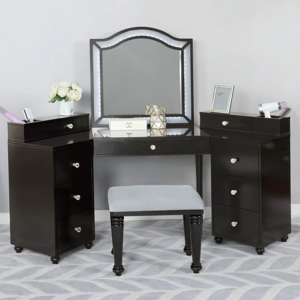 Transitional Vanity Set, Unique Mirrored Design With Camelback Mirror, Gray