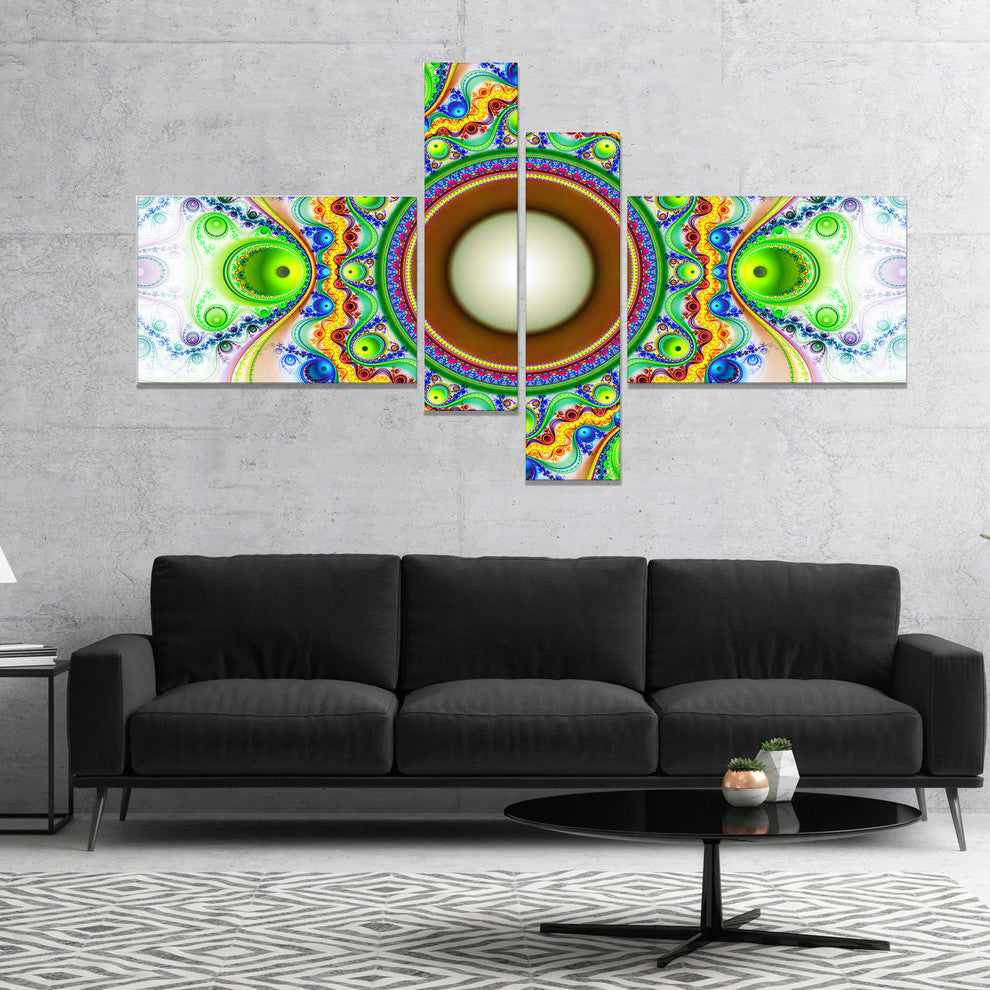 Green Fractal Circles and Waves, Abstract Canvas Art Print, 60"x32", 4 panels