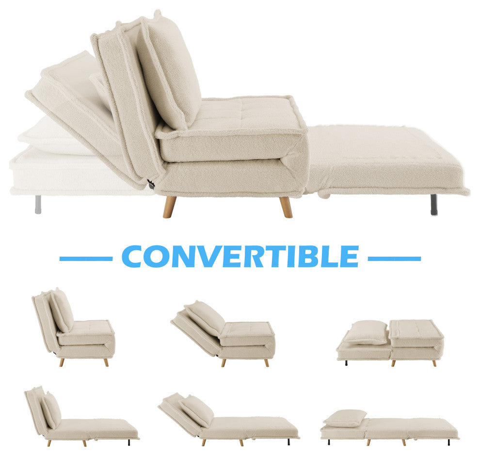 Modern Fabric Upholstered Convertible Sofa Bed Folding Sleeper Chair, Off White