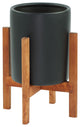 Small Ceramic Pot Cylinder Pot 6"Black With Wood Plant Stand Walnut Color