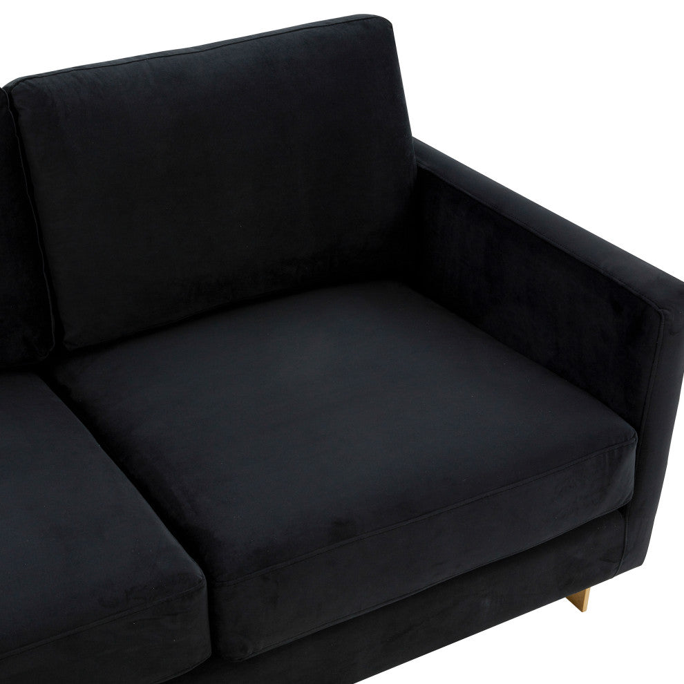 LeisureMod LA83BL Lincoln Midnight Black Mid-Century Velvet Sofa Gold Frame