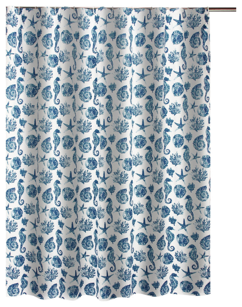 Benzara BM293486 Shower Curtain, Blue Seashells Print, Button Holes, Microfiber