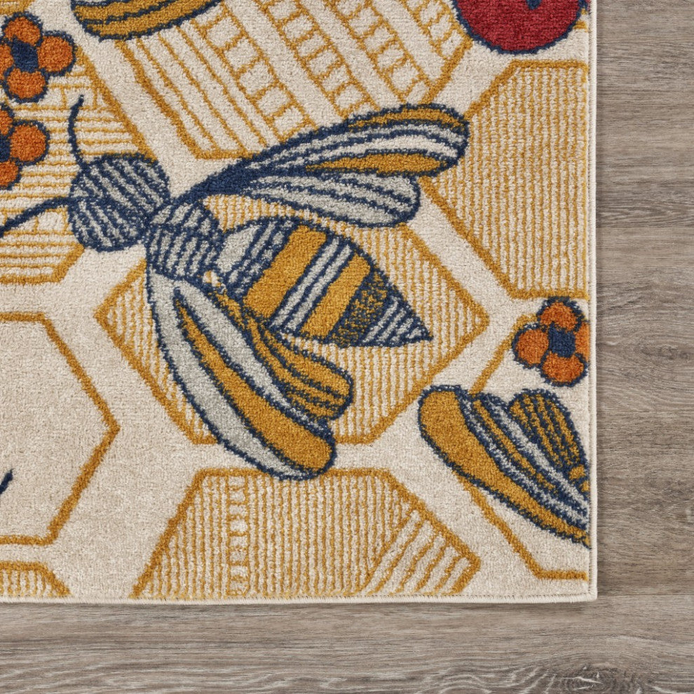 8" x 9" Gold and Ivory Bustling Bee Area Rug